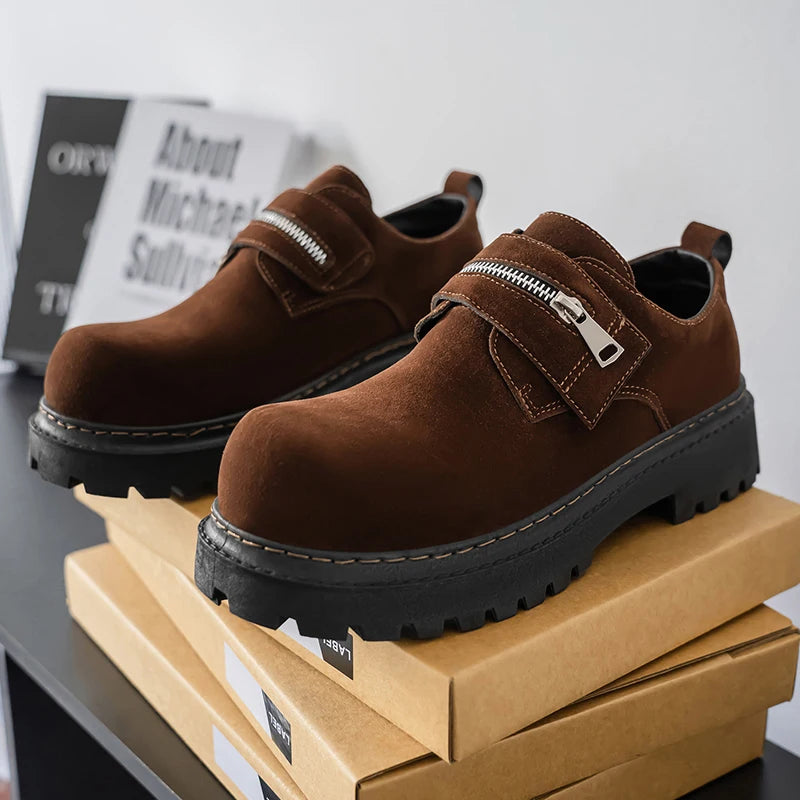 Men's Suede Leather Platform Work Shoes - Zipper Business Sneakers