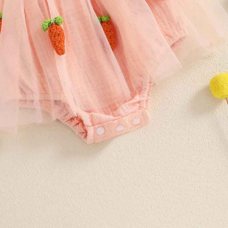 Baby Girls Easter Romper Dress with Headband - Rabbit Carrot Embroidery Tulle Jumpsuit