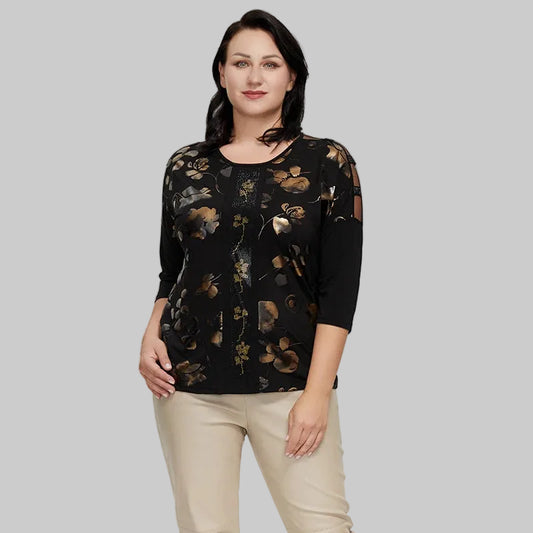Women's Oversized Graphic Print Long Sleeve Tee — Vintage Floral Diamond Appliqué Top