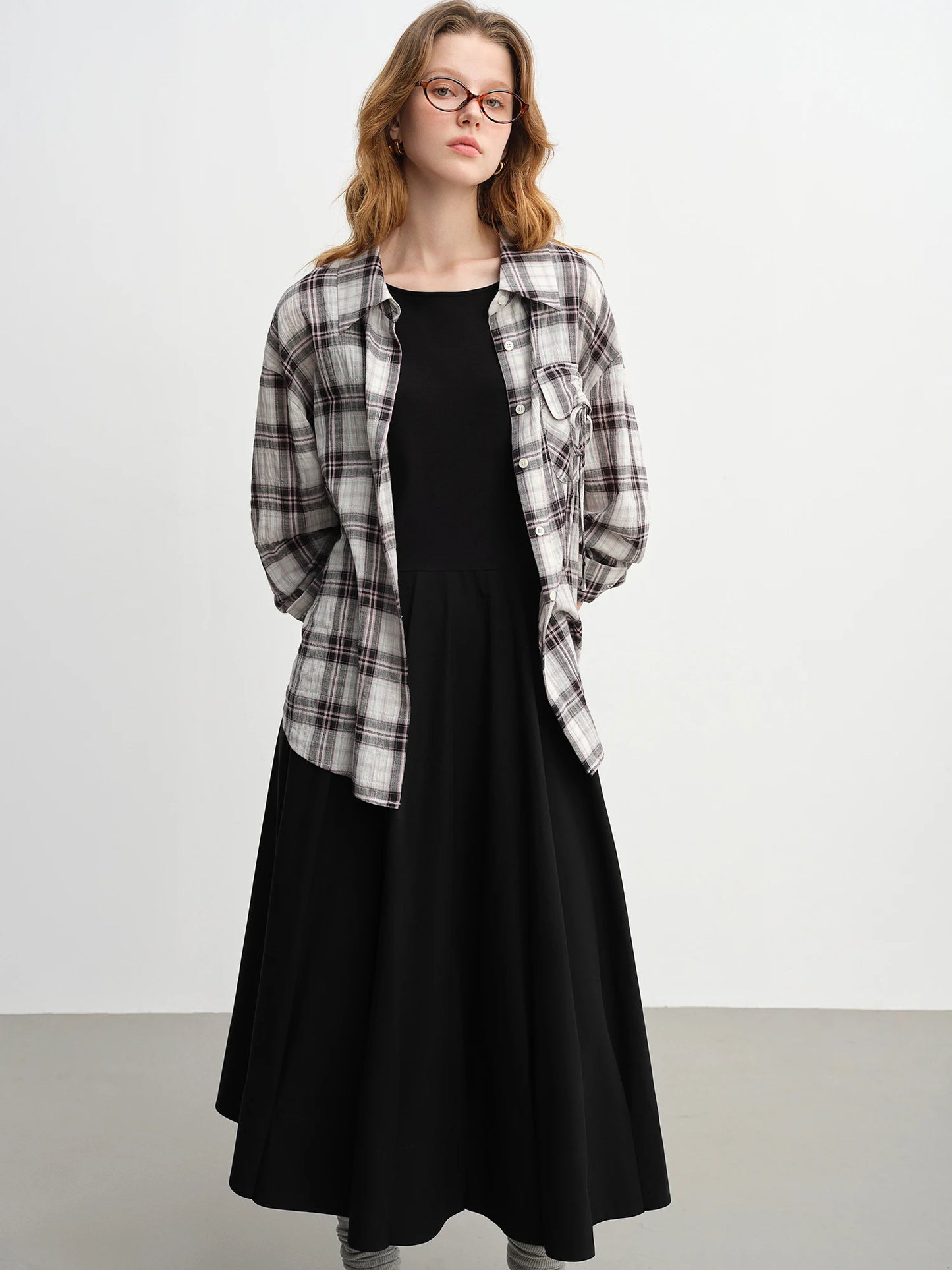 Plus Size Plaid Collar Shirt - Drawstring Pocketed Casual Top