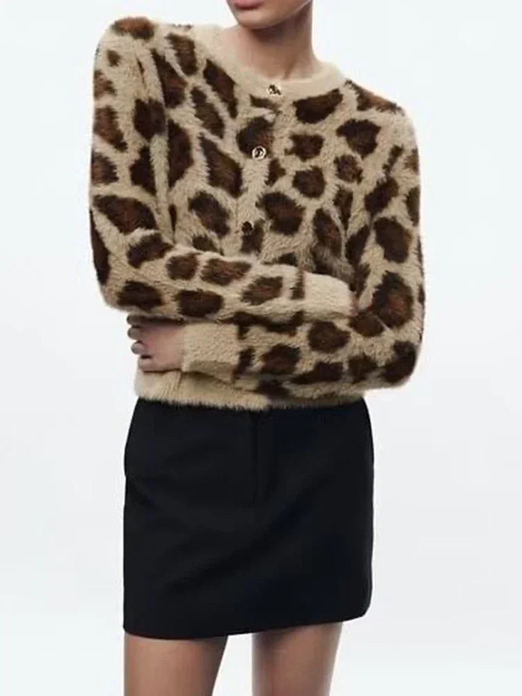 Women's Leopard Print Knit Sweater Cardigan Round Neck Jacquard Long Sleeve Knitted Jacket