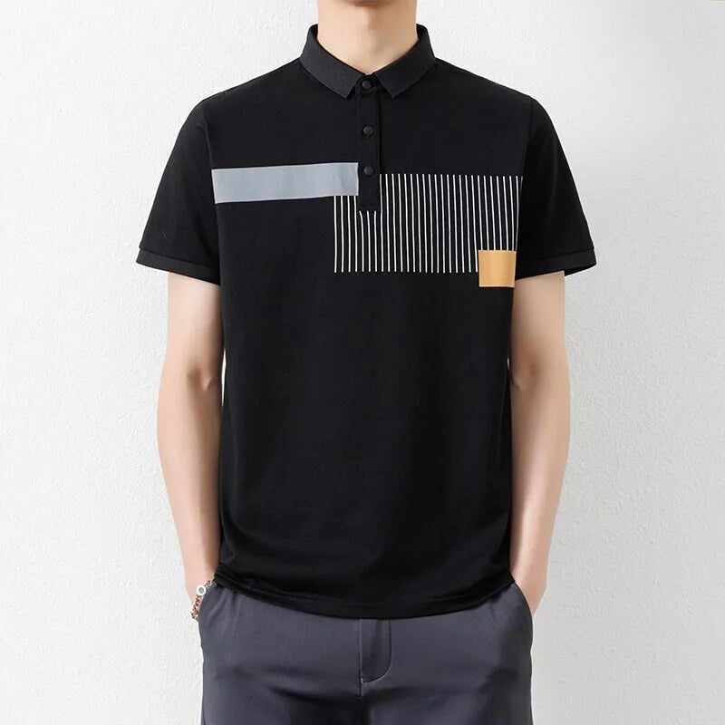 Men's Summer Casual  Contrast Colour Turn Down Collar Striped Polo Shirt
