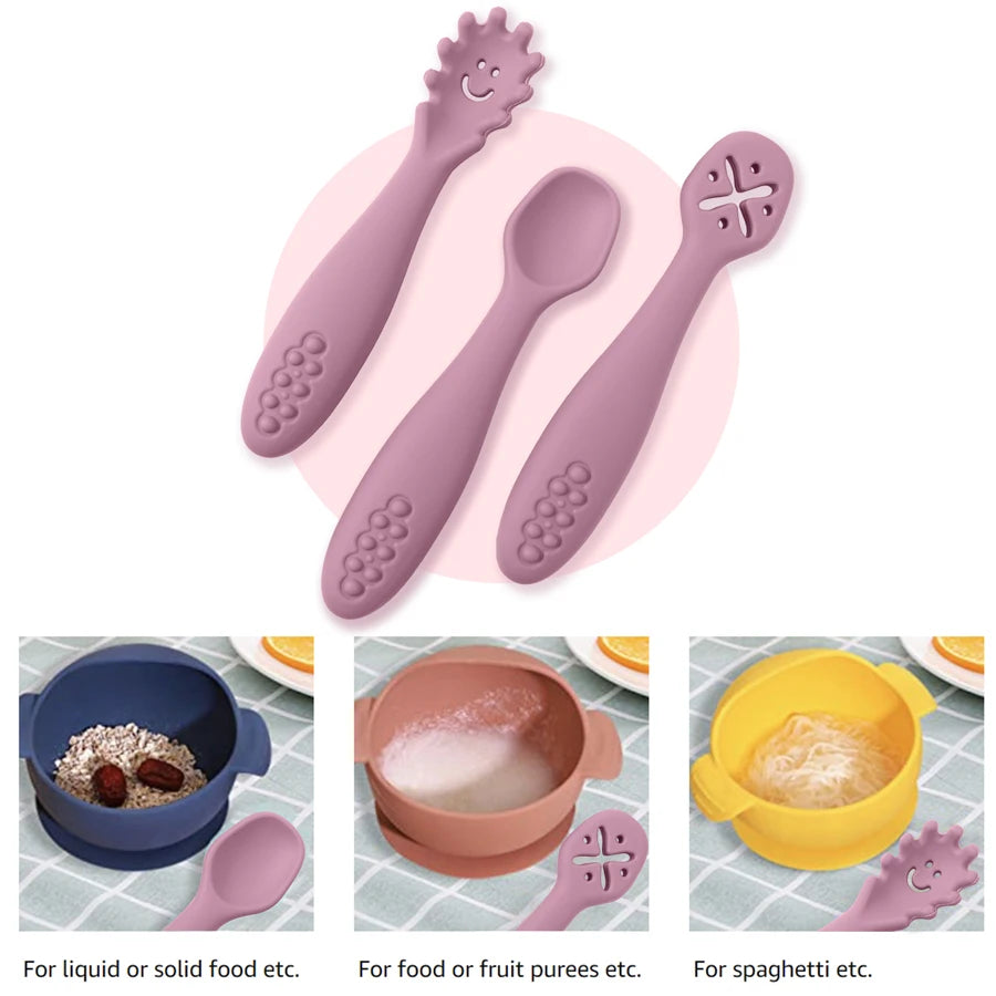 3PCS Silicone Spoon Fork For Baby Utensils Set Feeding Food Toddler Learn To Eat Training Soft Fork Cutlery Children's Tableware