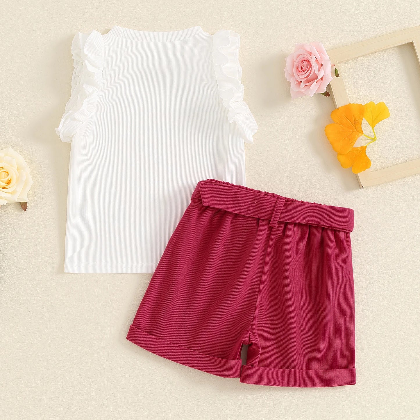 0-4Y Girls Summer Clothes Sets 2pcs Ruffles Sleeveless Solid Colour Ribbed Vest and Shorts with Belt