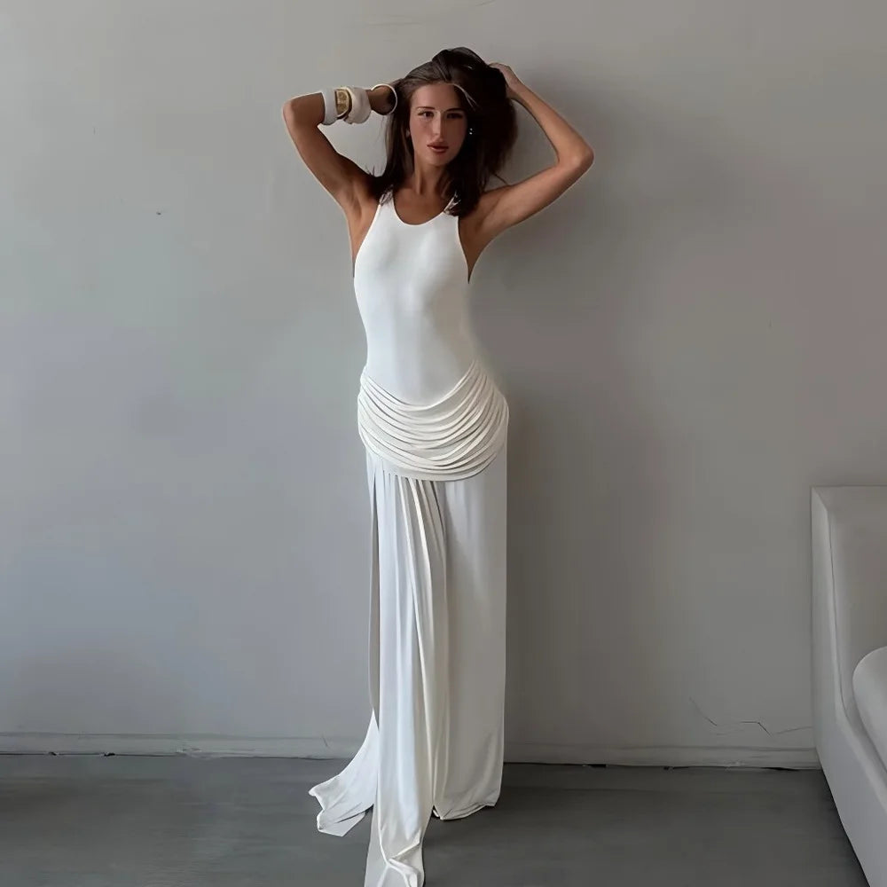 Women's Ruched Split Maxi Dress - Elegant Sleeveless Evening Gown