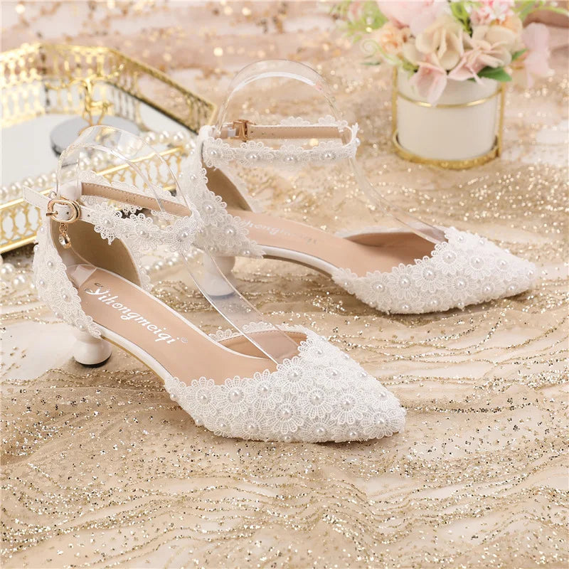 Women's 5cm Round Heel Shaped Heel Pearl Sandals