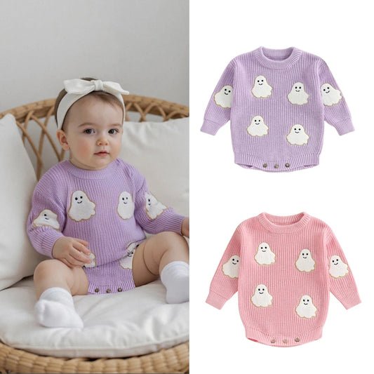 Baby Halloween Sweater Romper - Ghost Embroidery Crewneck Long Sleeve