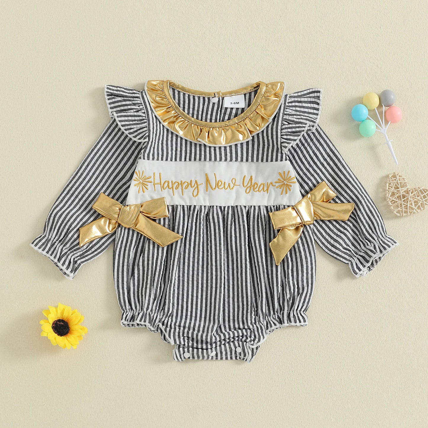 Baby Girls New Year Romper - Stripe Print Letter Embroidery Ruffled Jumpsuit