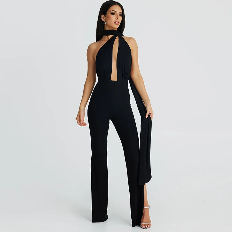 Women's Deep V Wrap Around Halter Backless Flare Pants Jumpsuit -  One-Piece Rompers Overalls