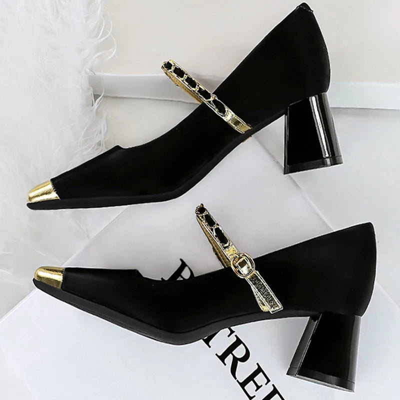 Women's Square Toe Metal Chain Temperament Mary Jane Middle Heel Shoes