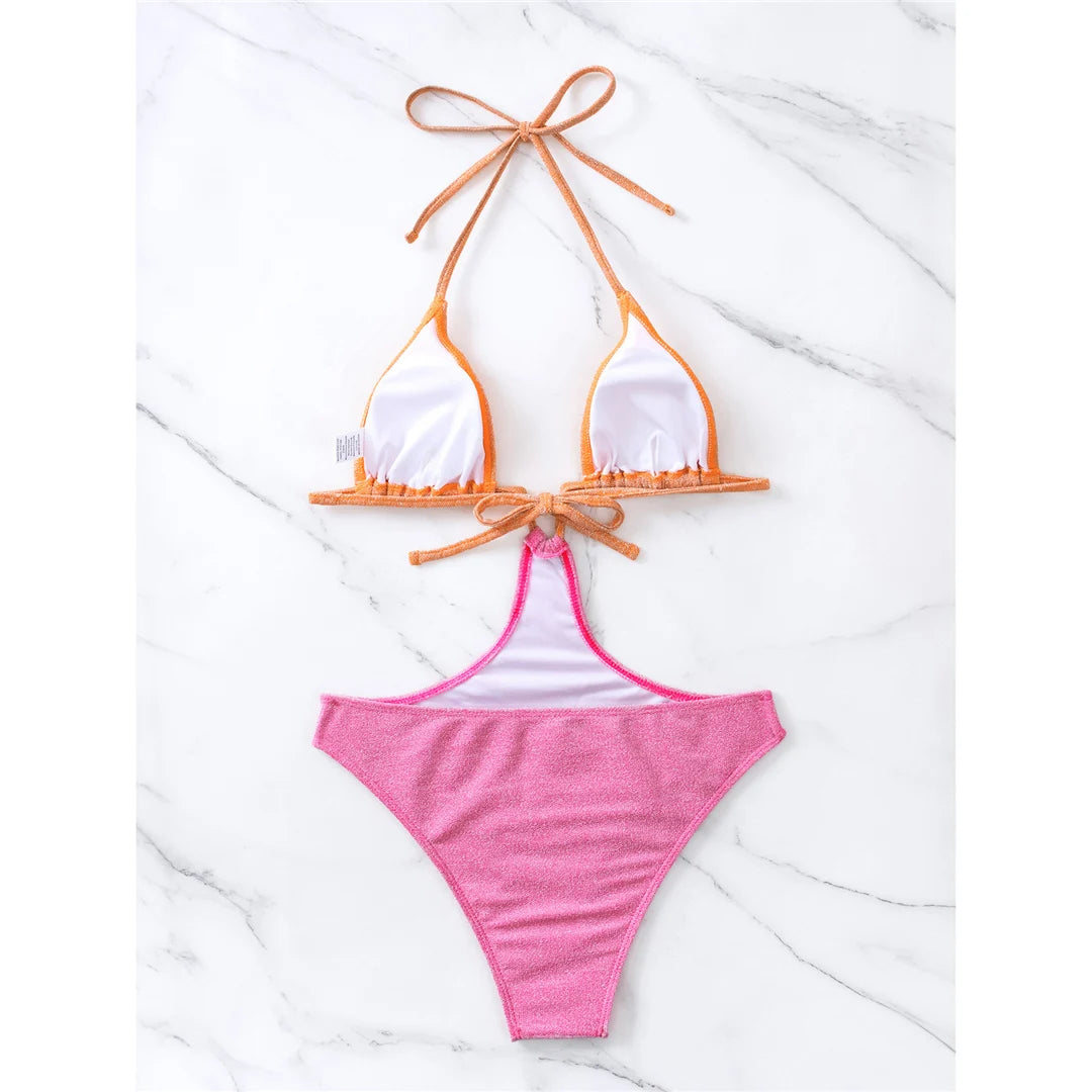 Women's Shiny Glitter Splicing Halter One-Piece Swimsuit | Sparkling Padded Monokini