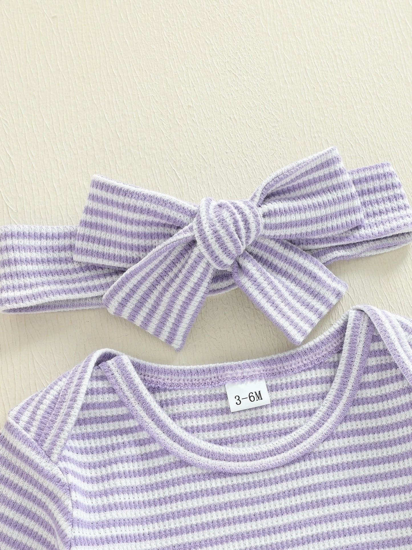 Newborn Baby Romper with Headband - Bow Letter Embroidery Stripe Long Sleeve Jumpsuit