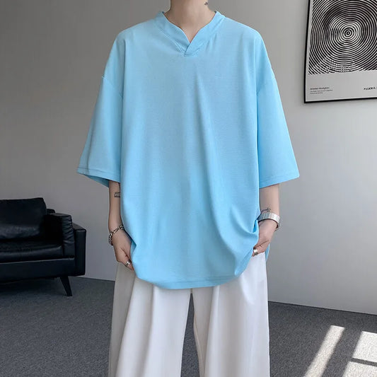 Men's Summer Three Quarter Collar  V-Neck Loose  T-shirt