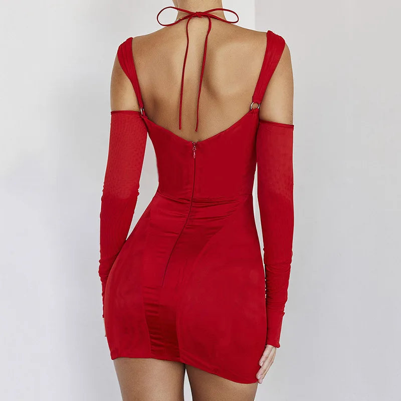 Women's Halter Backless Cut Out Mesh Sheer Corset Mini Dress - Slip Bodycon Dress