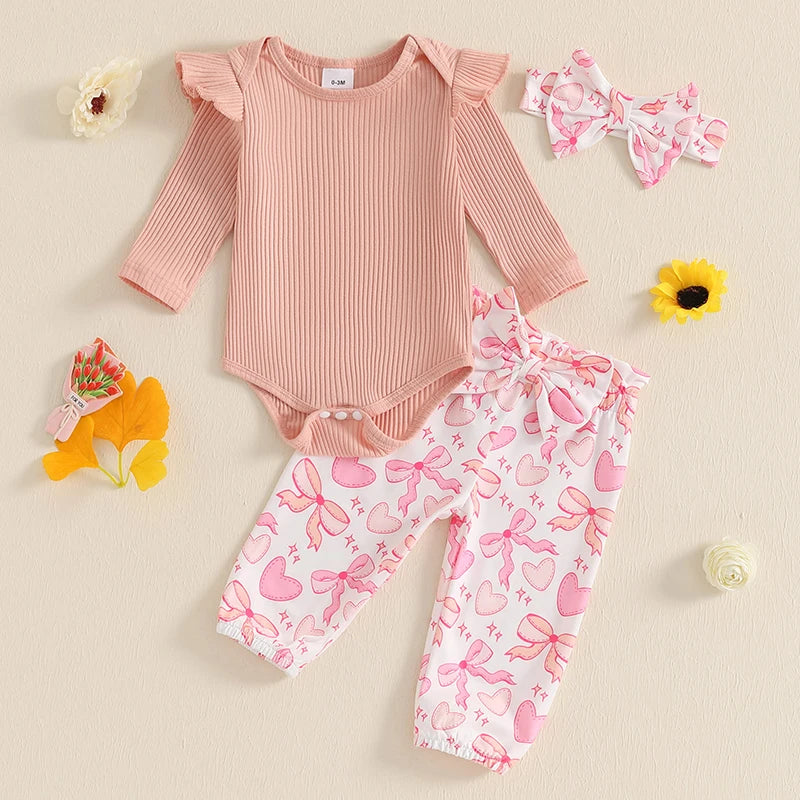 0-18M Baby Girls Fall Clothes Sets 3pcs Long Sleeve Ribbed Romper and Bow Front Pants and Headband