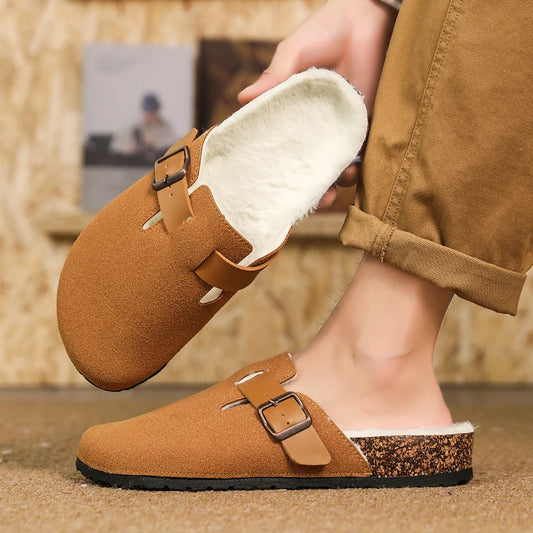 Winter Plush Slippers - Men's Warm Closed Toe Buckle Design Clogs