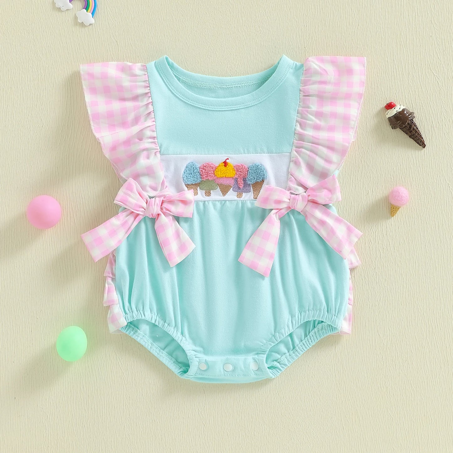 Baby Summer Romper - Plaid Flutter Sleeve Ice Cream Embroidery Jumpsuit