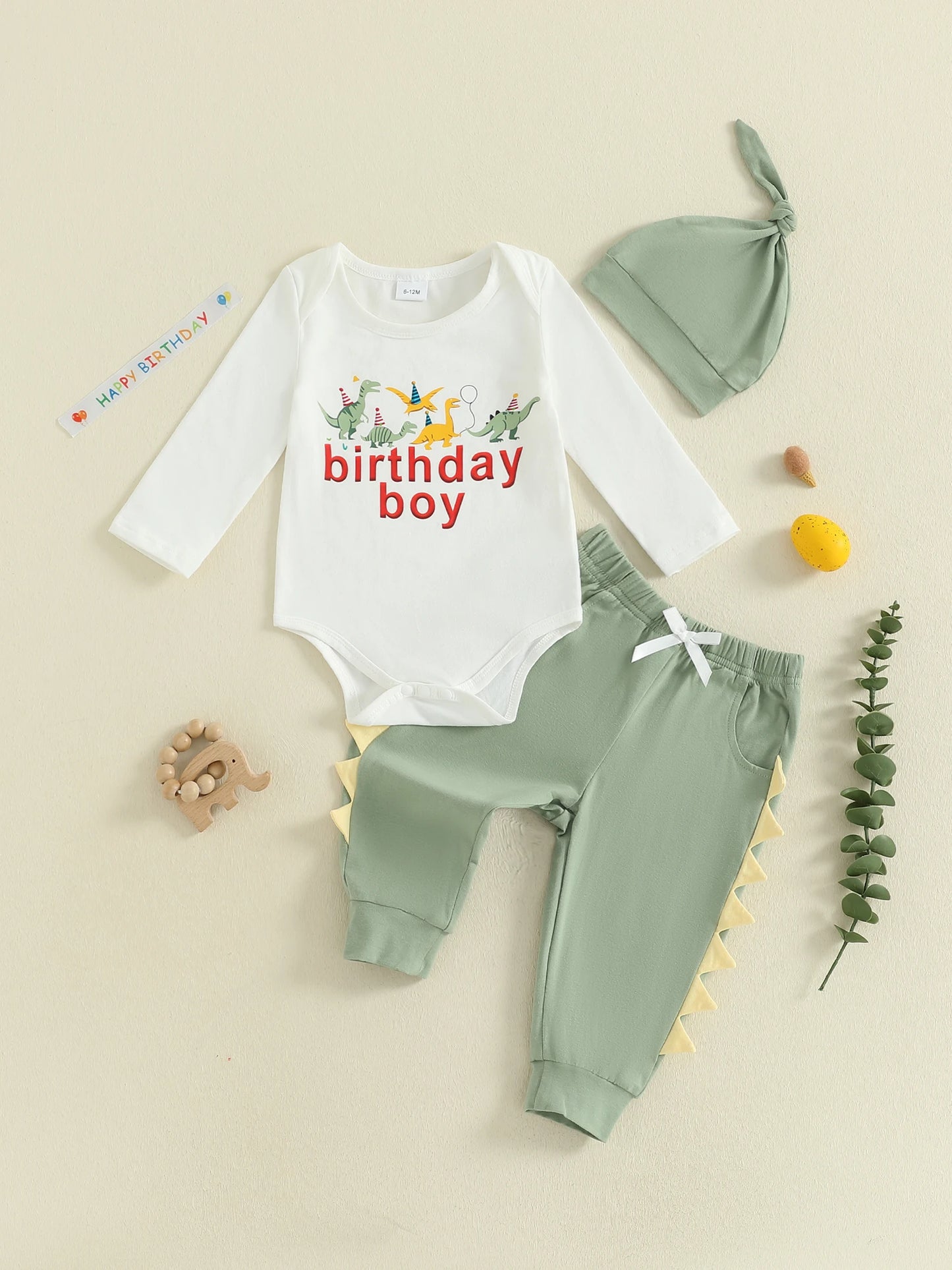 Baby Boys Dinosaur Outfit Set - 3-Piece Long Sleeve Romper, Pants & Hat (0-24M)