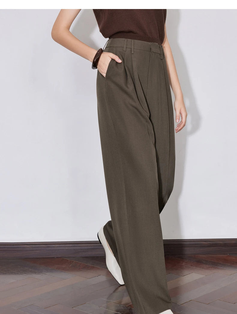 Women's High Waist Straight Leg Suit Trousers with Pockets | Brown