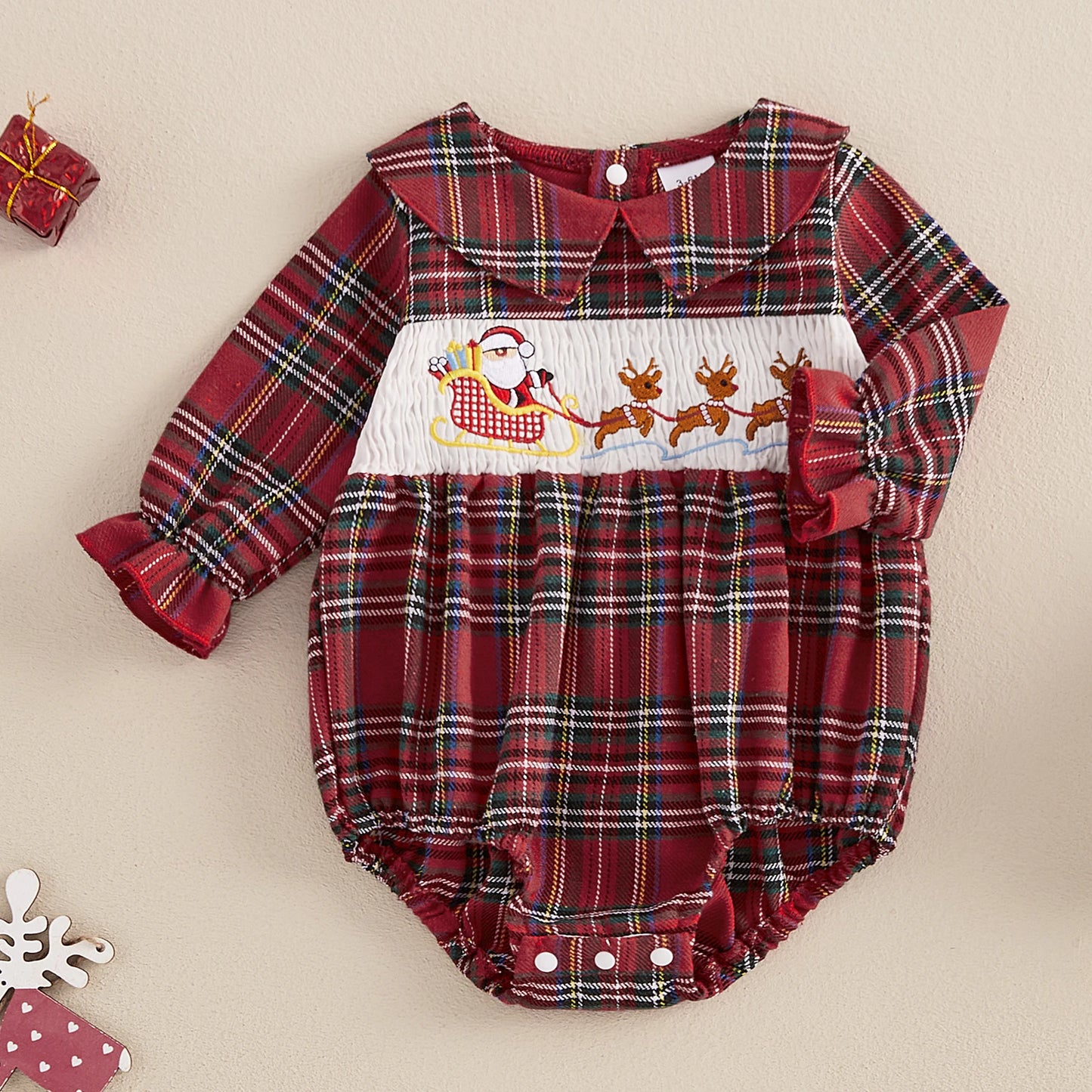 Christmas Santa Embroidery Peter Pan Collar Romper - Baby Girls Plaid Jumpsuit