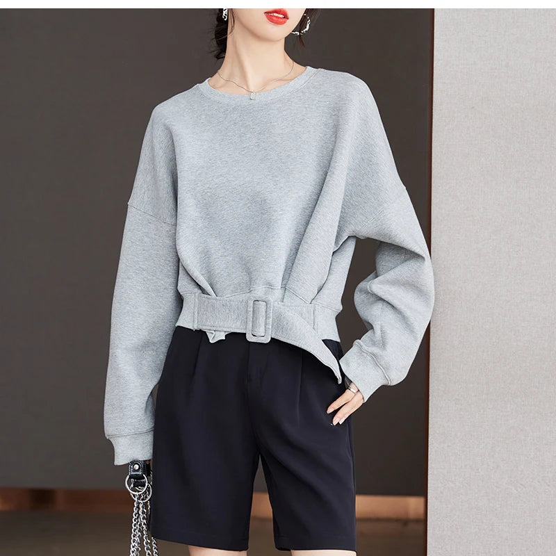 Women Plain Long Sleeve Belt Waist Loose Casual Oversize Pullover Jumper Sweatshirt