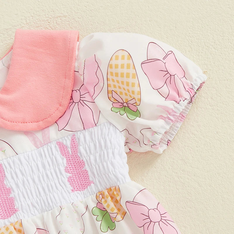 Baby Girls Easter Rabbit Romper - Doll Collar Short Sleeve Bodysuit (0-18M)