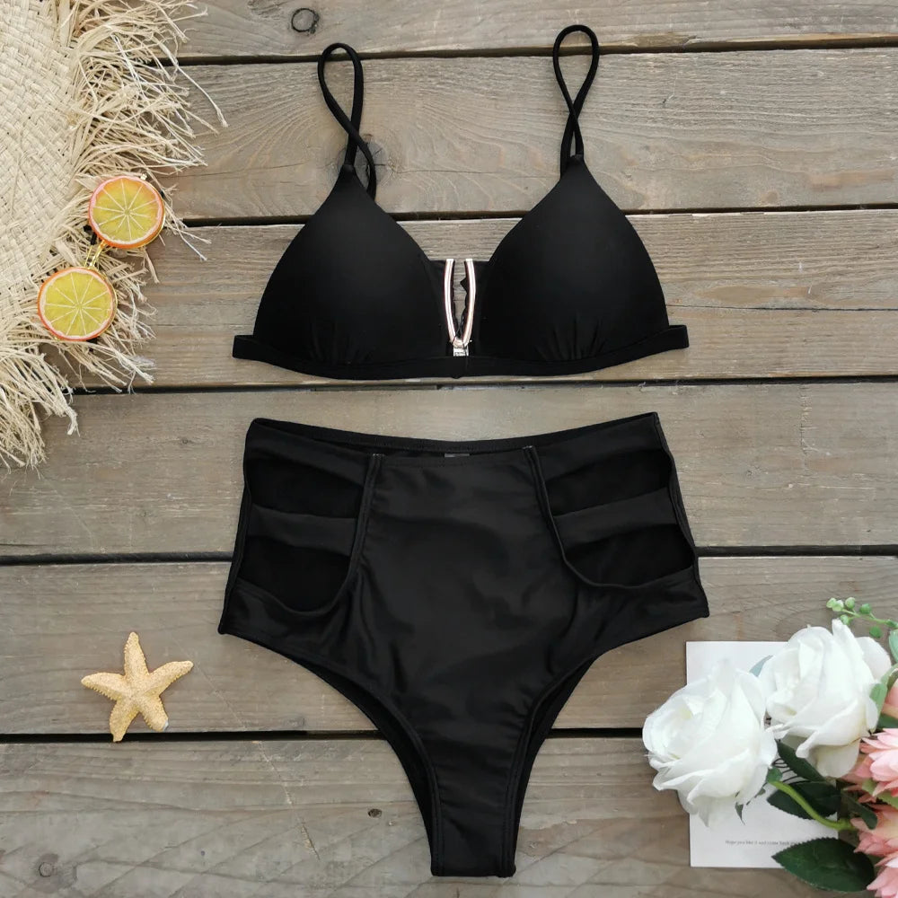Women's 3-Piece Solid Bikini Set - Padded Bra, Tassel High Waist & Beach Skirt