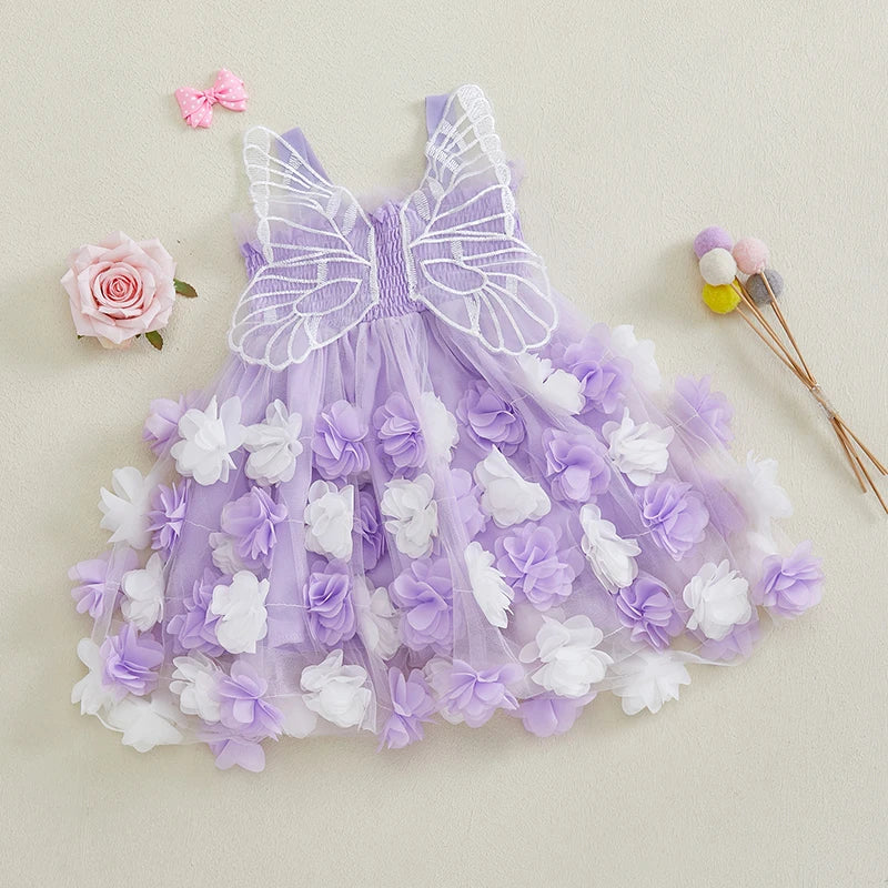 0-4Y Kids Girls Sleeveless Strap 3D Roses Lace Tulle Layered Dress with Wings