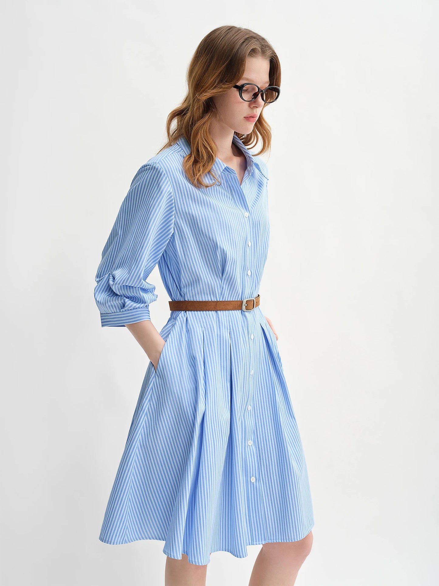 Women's Autumn Clothing Set - Long Sleeve Shirt & A-Line Skirt with V-Neck Top