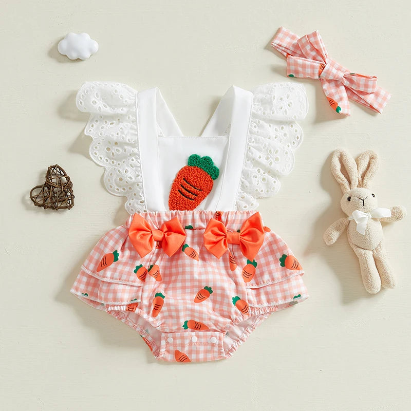 Baby Girls' Cartoon Print O-Neck Short Sleeve Romper | Pink & Orange