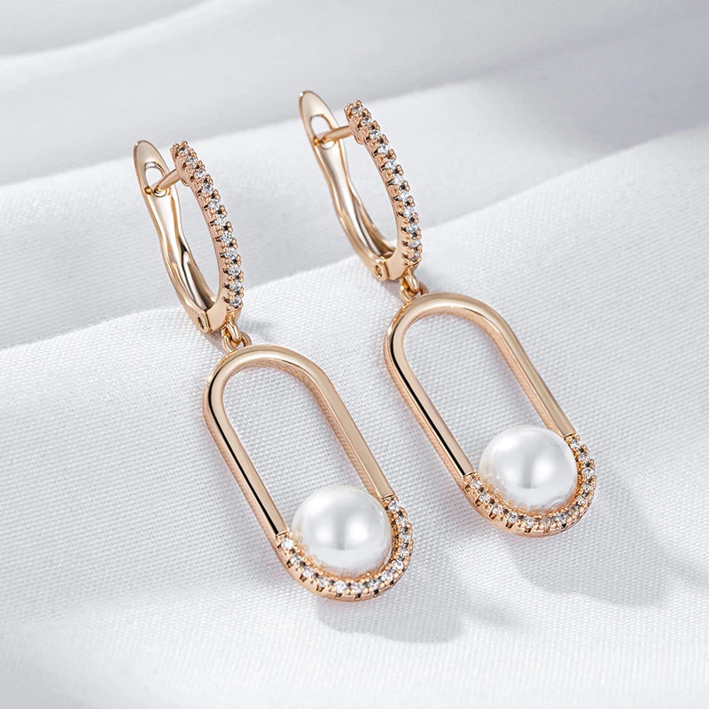 Women's  Unique Geometric Natural Zircon 585 Rose Gold Pearl Long Drop Earrings