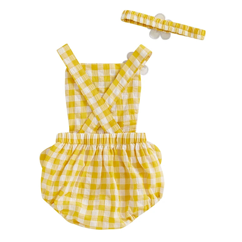 Baby Girls' Cartoon Duck Embroidery Plaid Sleeveless Romper with Floral Headband | Square Neck Summer Playsuit | 3M–12M