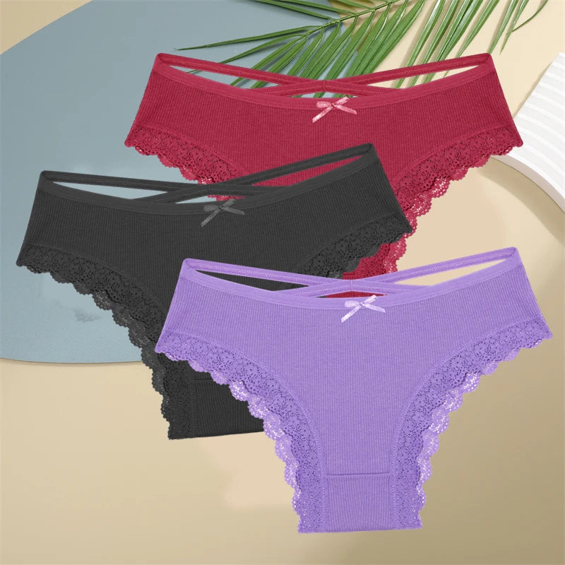 3PCS Women Cotton Underwear Panties Lace Briefs Low-Waist Cross Belt Hollow Out Cozy Lingerie