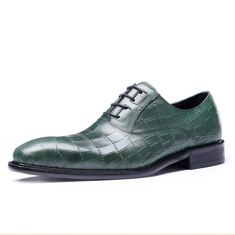 Crocodile Pattern Square Toe Brogue Leather Oxford Shoes