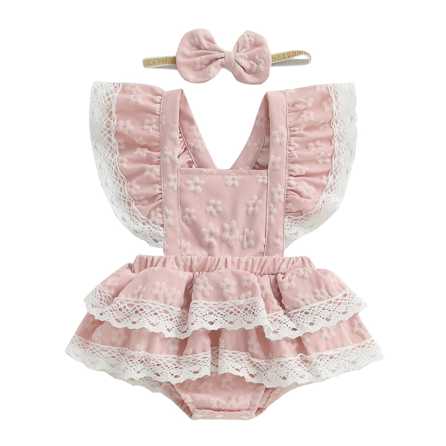 Baby Girls Summer Romper Dress - Flying Sleeve Square Neck Floral Print with Bow Headband (0-18M)