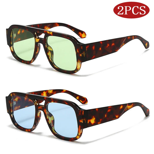2-Piece Square Sunglasses Set - Large Frame Double Bridge Retro Style