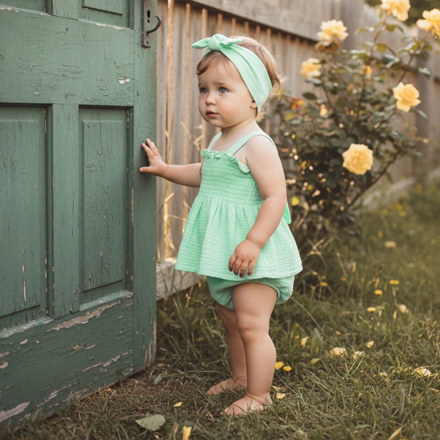 Baby Girls Summer Outfit Set - Ruffled Smocked Top, Shorts & Headband (0-24M)