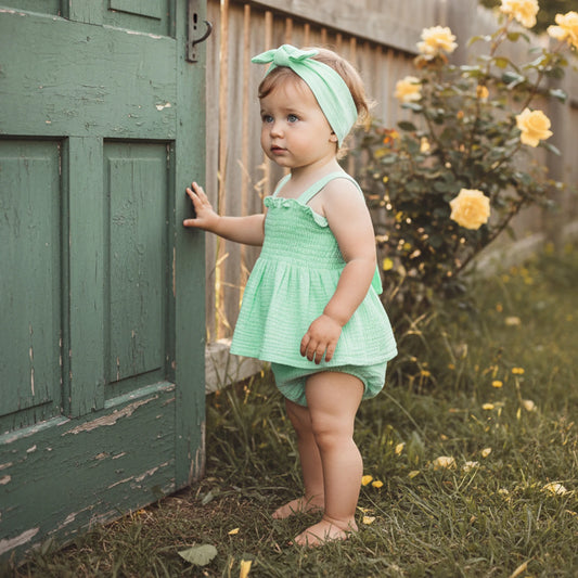 Baby Girls Summer Outfit Set - Ruffled Smocked Top, Shorts & Headband (0-24M)