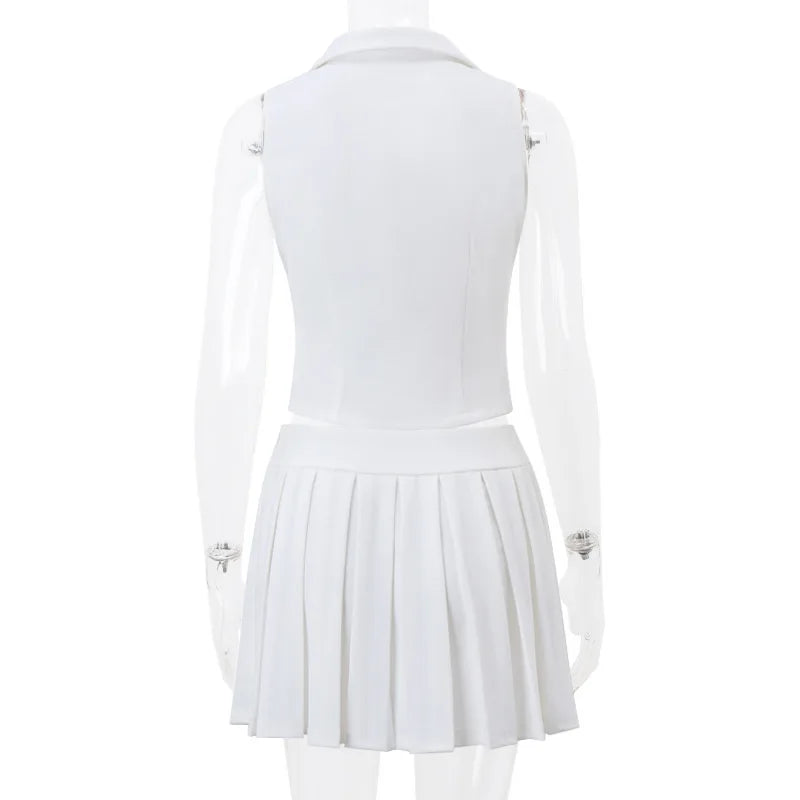 Elegant White Two Piece Sets - Women's Outfits V Neck Top and Pleated Skirt Coquette Matching Sets