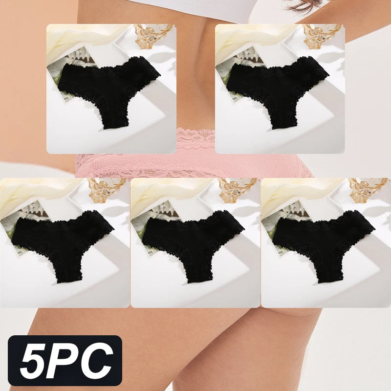 5PCS Women Cotton Lace Underwear Low Waist Briefs Breathable G-String Lingerie