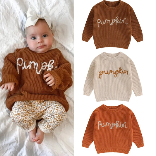 0-3Y Toddler Baby Girls Boys Autumn Winter Knit Sweater 3 Colors Long Sleeve Pumpkin Letter Embroidery Knitwear