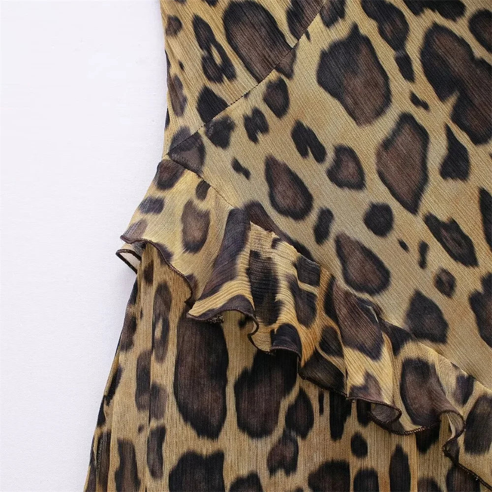 Women's Spring and Summer  Temperament Ruffle Edge Leopard Print Dress