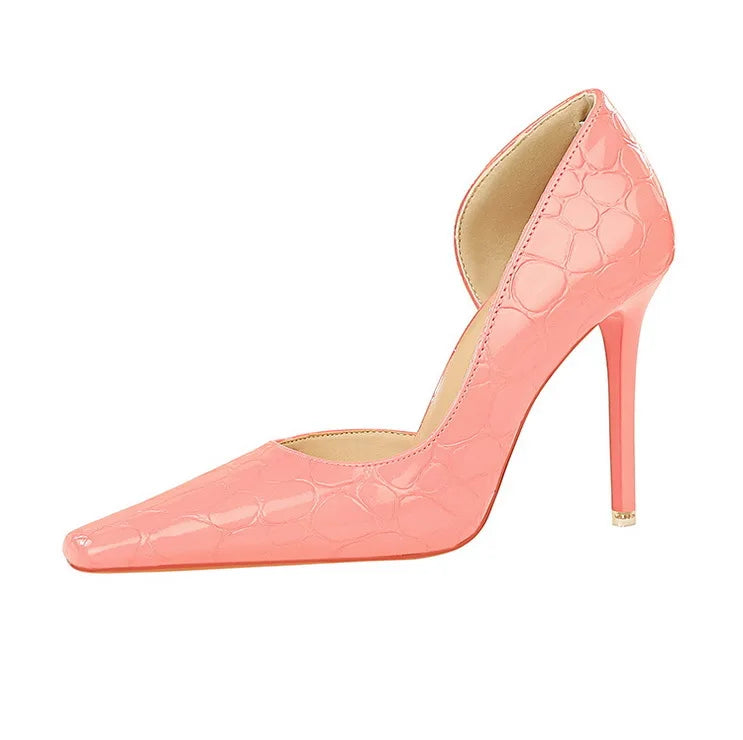 Women's Patent Leather Stone Pattern High Heels Square Head Stilettos Shoes