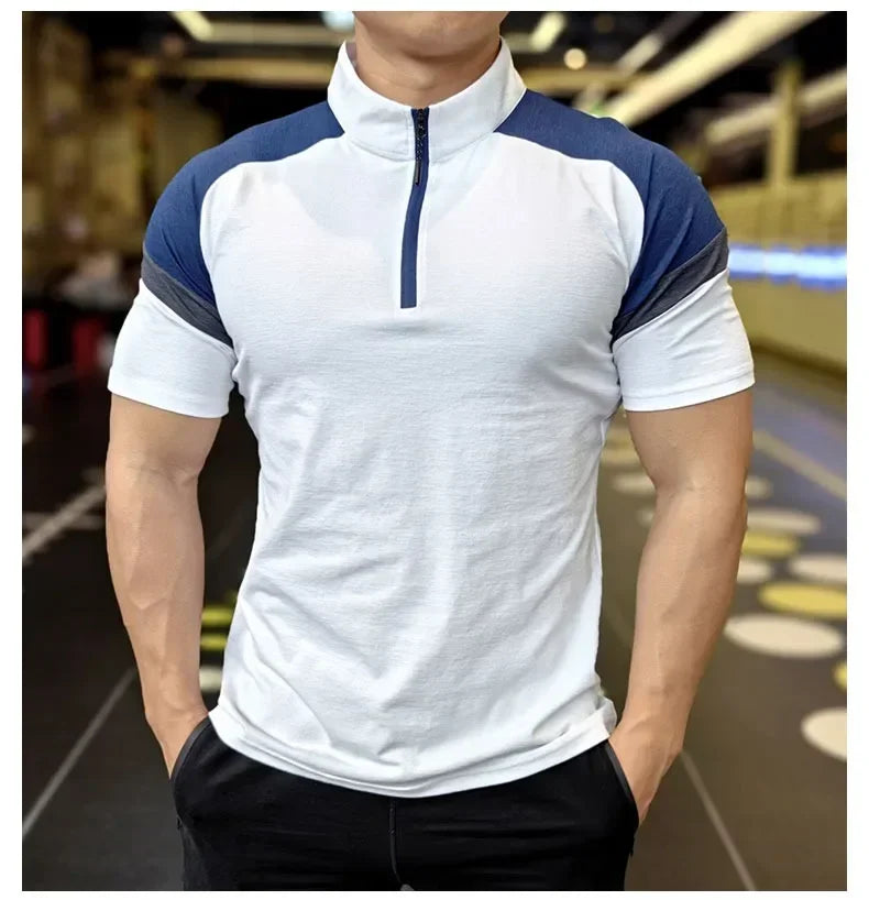 Men's Fitness Running Half Zip Training High Elasticity Muscle T-Shirt