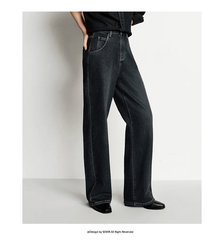 Wide Leg Fleece Lined High Waist Jeans - Women's Floor-Length Winter Denim