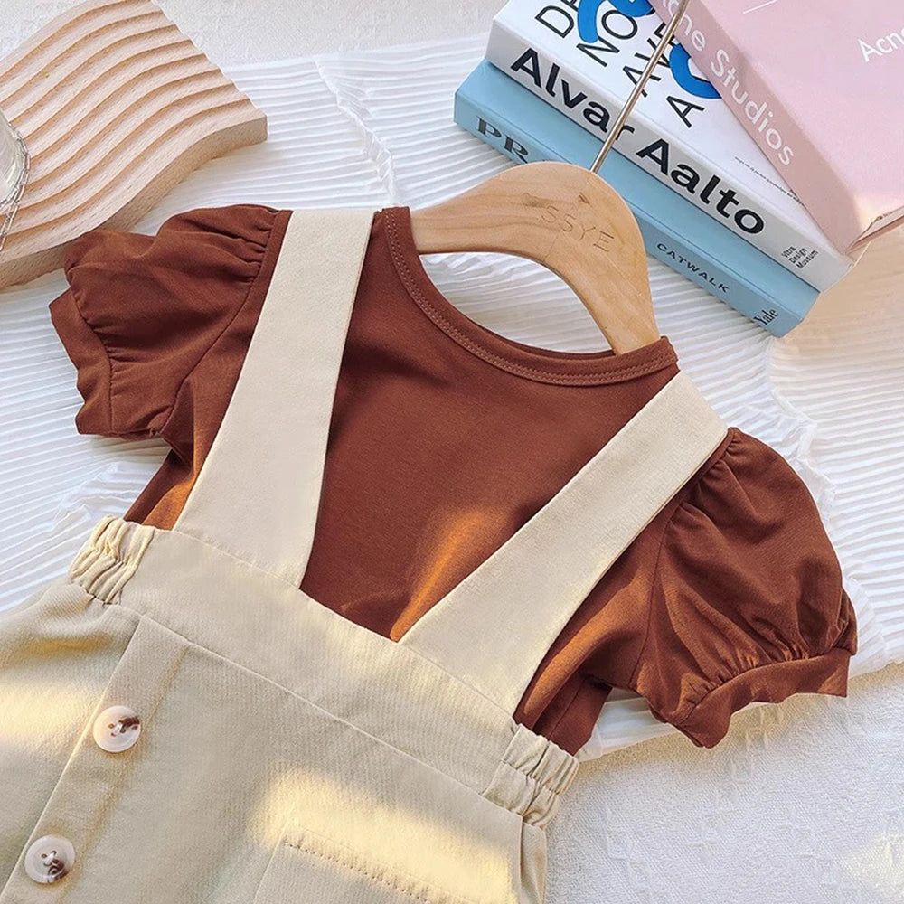 Girl's Summer Puff Sleeve T-Shirt Button Strap Skirt Two Piece Set