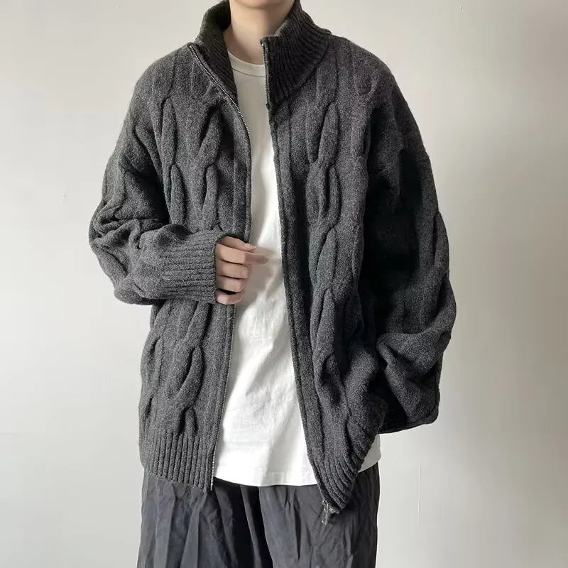 Men's Autumn Winter Stand Collar Cardigan - Loose Knit Sweater Coat