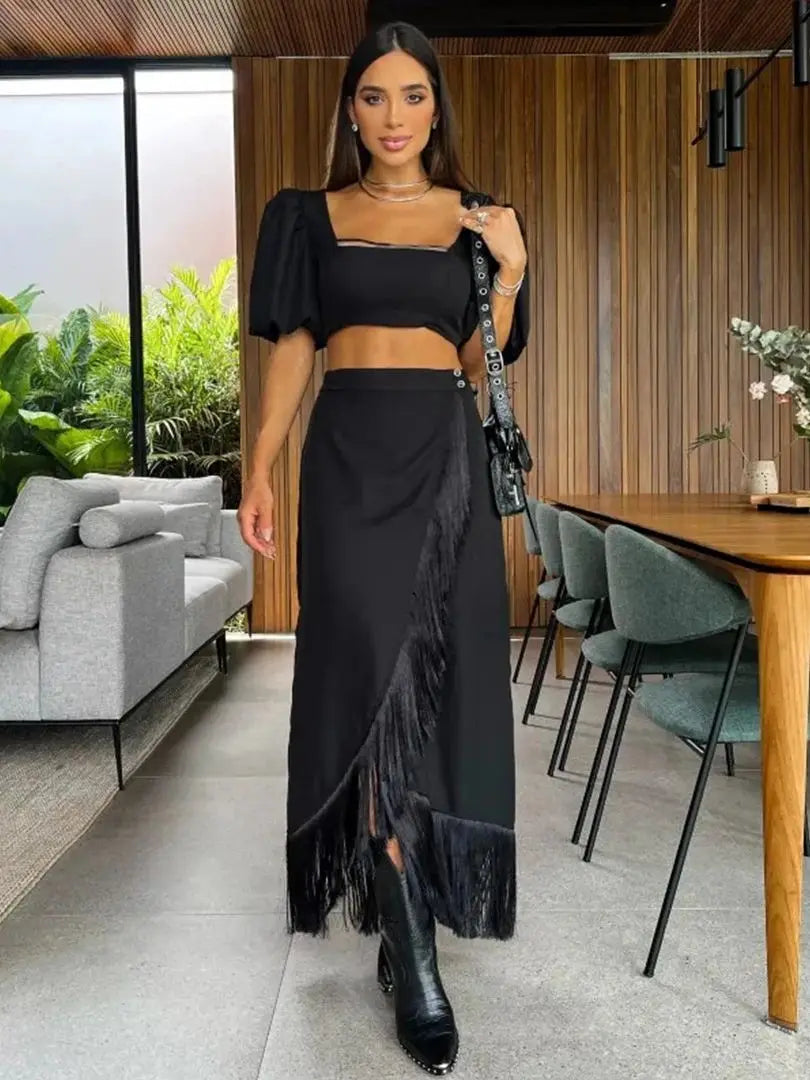 Black Elegant Two Piece Set for Women 2023 Casual Tassel Retro Women's Clothing Puff Sleeve Short Top Long Skirt Women's Suit