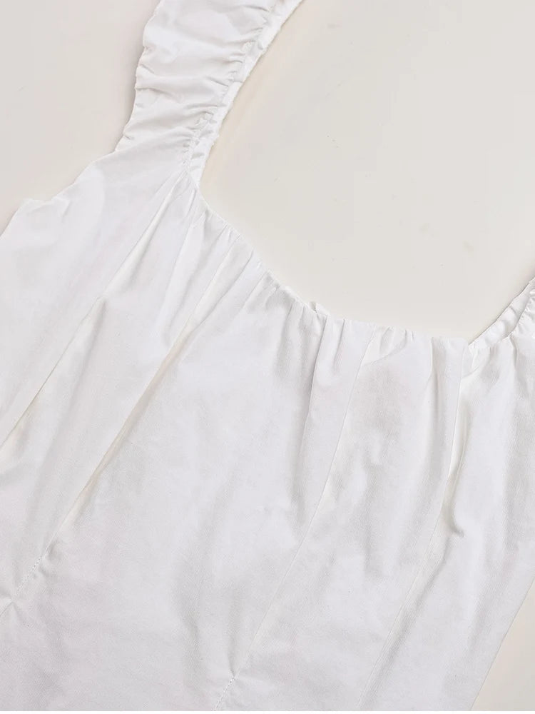 White Ruffle Slim Short Sleeve Square Collar Backless Lace-up Top