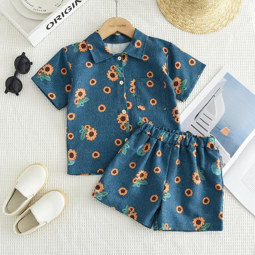 Children's Blue Denim Set with Sunflower Printed Collar Shirt and Shorts 2-piece Set